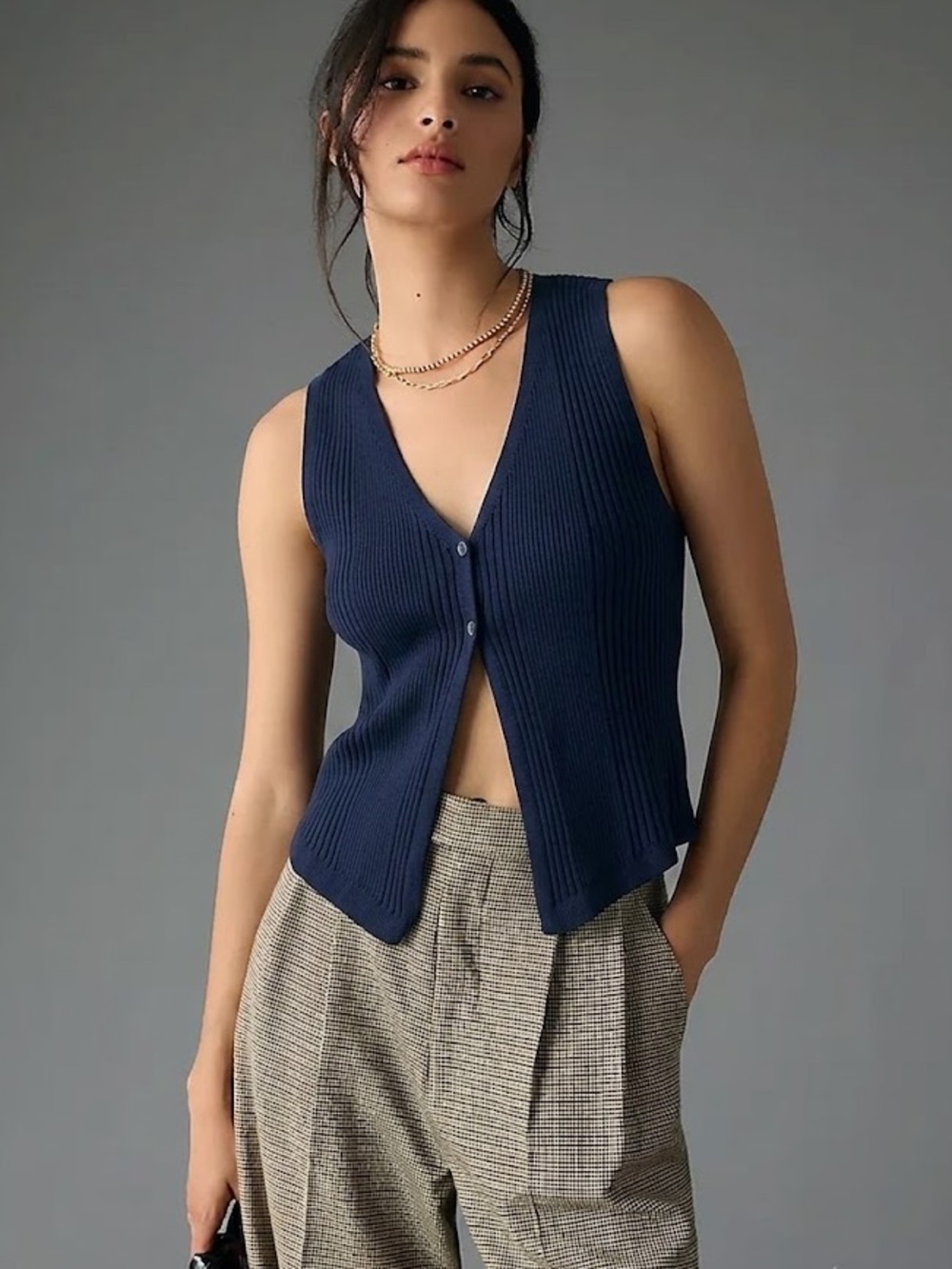Navy Blue Knit Tank with Buttons